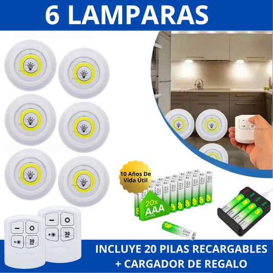💡 InstaLuz® - SUPER KIT 6 Lámparas LED Inalámbricas A Control Remoto 🕹️ +20 Pilas Recargables Y Cargador